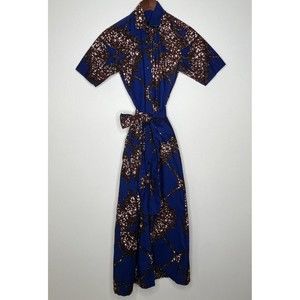 Ankara Dress Womens XS Blue Button Shirt African Print Umbrella Pocket Duster